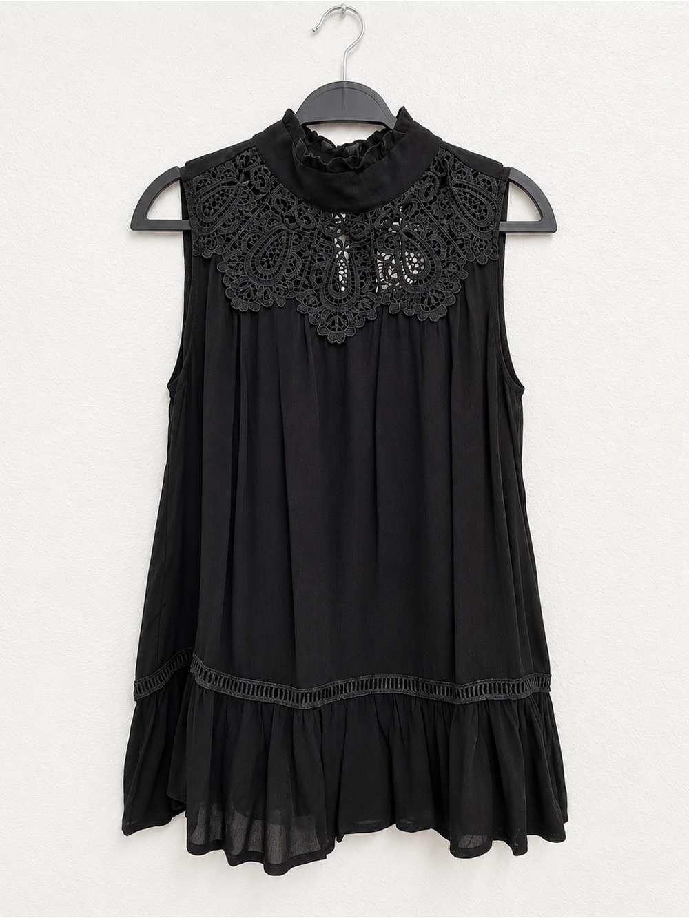 Black Sleeveless Lace-Yoke Ruffled Neck Tank
